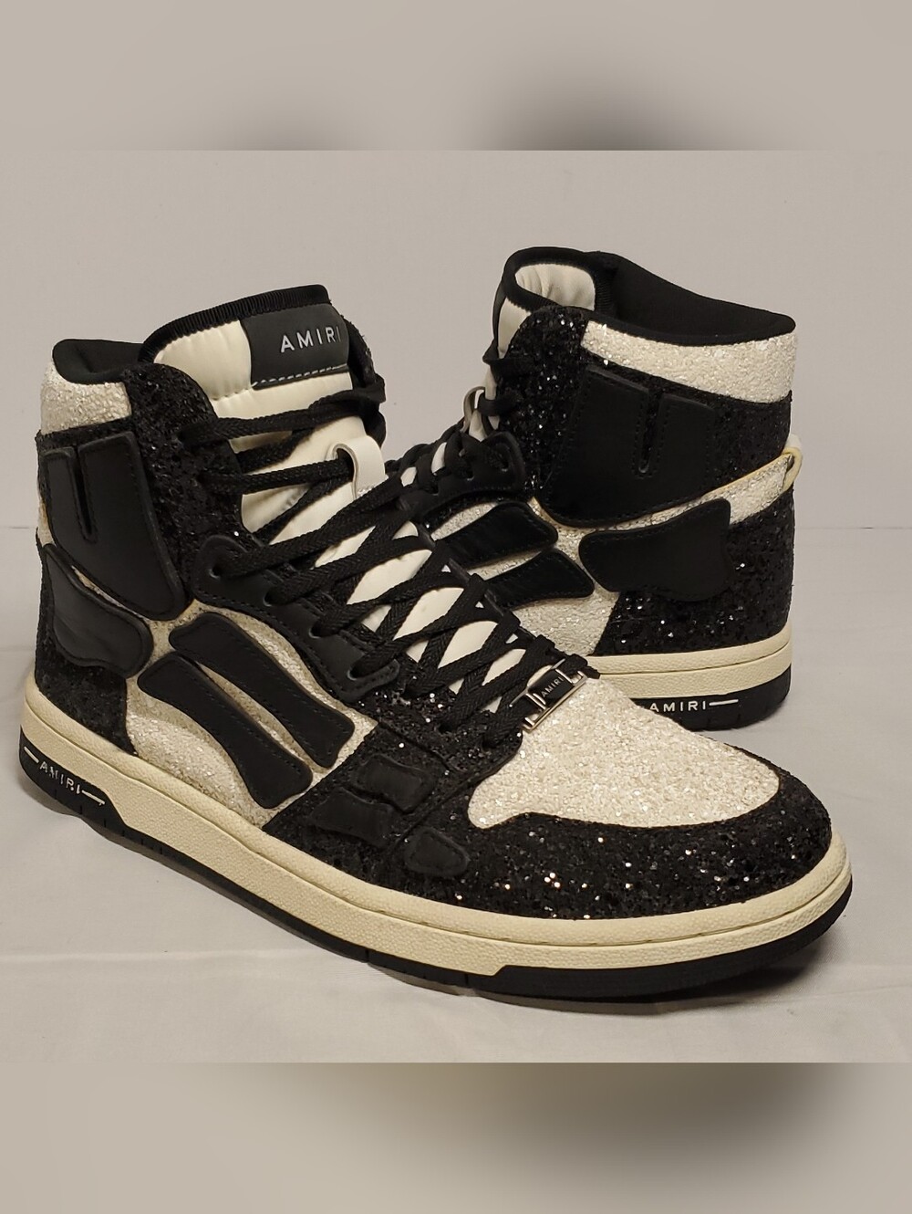 AMIRI Black/White Skel Glittered High Top Lace-Up Men's Sneakers Size EU 40